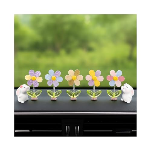 7PCS Cute Car Dashboard Decorations, Shaking Spring Flower & Funny Bunny Vehicle Center Console Ornament, Automotive Rearview Mirror Decor for Men Women, Universal Fit