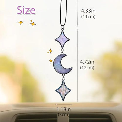 Stained Glass Moon Car Decor Charm Star Rear View Mirror Accessories Perfect Witchy Gift for Man Woman Spiritual Souls and Lunar Lovers