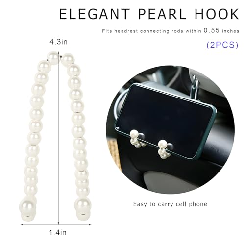 2PCS Elegant Pearl Car Seat Headrest Hook, Cute Vehicle Back Seat Hanger Purse Hook, Auto Interior Decor Strong Load-Bearing Headrest Hanger for Handbag Keys Grocery Bags
