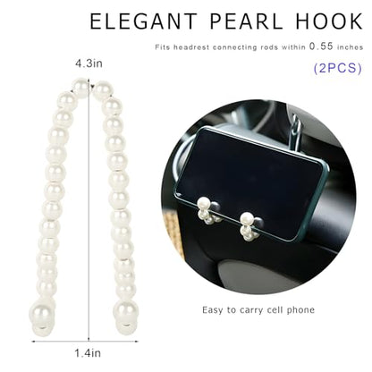 2PCS Elegant Pearl Car Seat Headrest Hook, Cute Vehicle Back Seat Hanger Purse Hook, Auto Interior Decor Strong Load-Bearing Headrest Hanger for Handbag Keys Grocery Bags
