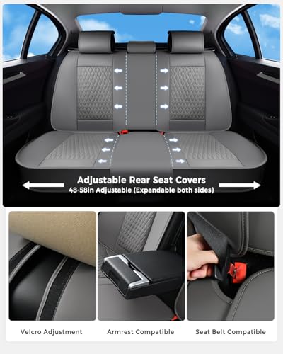 Huidasource Gray Back Seat Covers, Luxury Nappa Leather Rear Seat Cover with Velcro Adjustable, Child Seats, Ventilation Holes, Seat Belts, Back Seat Car Cover Fit for Most Cars SUV Trucks, Gray - color: R# Gray, size: Rear
