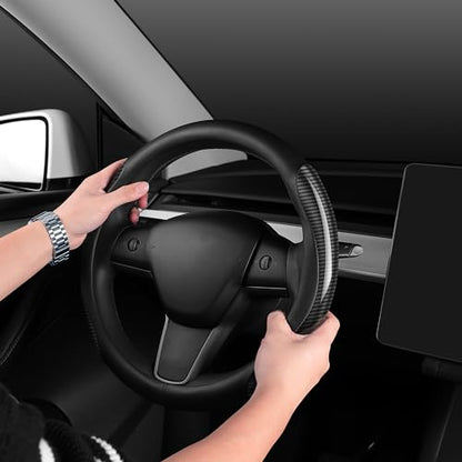 Nappa Leather car Steering Wheel Cover,Carbon Fiber Sports car Interior Non-Slip Ultrathin 15 inches Universal (Black) - color: BLACK