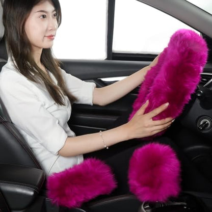 Fuzzy Genuine Sheepskin Steering Wheel Cover Set for Women Parents-Fluffy Soft Australian Merino Wool Wrap with Gear Shift and Hand Brake Covers, Cozy Stylish Luxury Car Accessories (Hot Pink) - color: Hot Pink