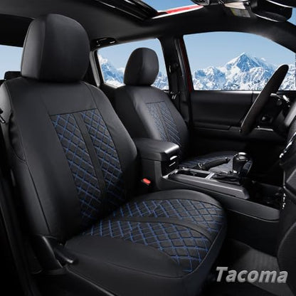 Truckiipa Full Set Leather Seat Covers Fit for Toyota Tacoma Full Coverage Waterproof Seat Covers Cushion Protector Fit for 2016-2023 Toyota Tacoma Double Crew Cab, Full Set, Black&Blue