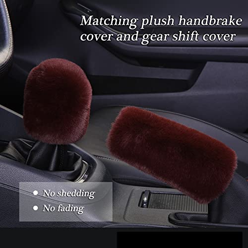 WenMei 1 Set 4 Pcs Fluffy Steering Wheel Cover&Handbrake Cover&Gear Shift Cover&Fluffy Auto Center Console Cover Faux Wool Steering Wheel Covers for Women Universal Car Interior Accessories (Brown) - color: Brown