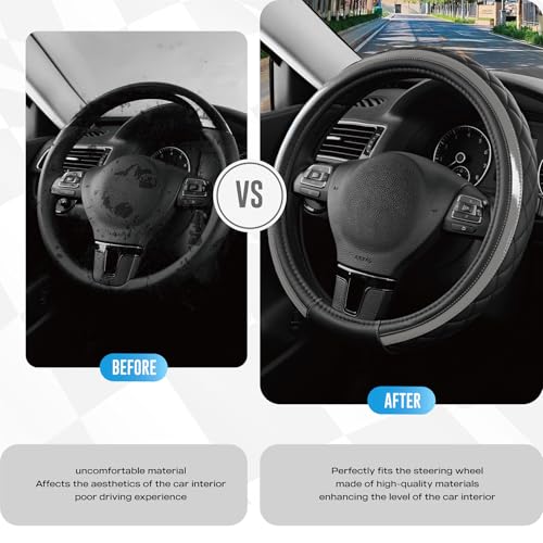 Road Comforts Leather Steering Wheel Cover – Black & Gray, Universal Fit 14.5-15 Inch, Microfiber Leather, Anti-Slip & Breathable Design for Men and Women