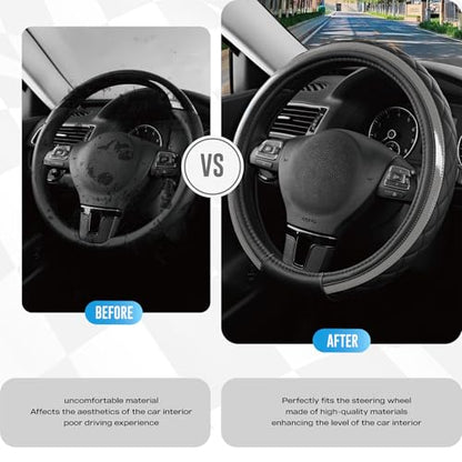 Road Comforts Leather Steering Wheel Cover – Black & Gray, Universal Fit 14.5-15 Inch, Microfiber Leather, Anti-Slip & Breathable Design for Men and Women - color: Gray