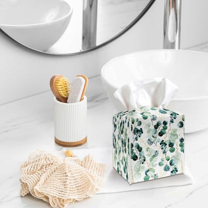 Tissue Box Cover Holder - Eucalyptus Leaves PU Leather Tissue Box Cover with Bottom Belt, Square Facial Paper Organizer for Tabletop, Bathroom, Kitchen, Car & Office -044 - color: Eucalyptus Leaves