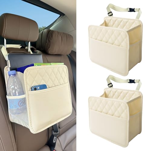 Witaxima 2 Pack Upgraded Car Seat Organizer Backseat with Storage Pockets, Multipurpose Car Organizer Hanging Car Trash Bag Premium PU Leather Garbage Can 2.14 Gallon Large Capacity Accessories Beige - color: Beige 2 Pack Large