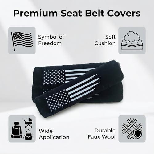 American USA Flag Seat Belt Strap Cover Pad, Patriotic Interior Car Accessories, for Auto Car Truck Pickup 2025, Fulffy Shoulder Neck Cushion Protector, 2 PCS, Black