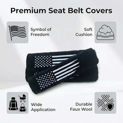 American USA Flag Seat Belt Strap Cover Pad, Patriotic Interior Car Accessories, for Auto Car Truck Pickup 2025, Fulffy Shoulder Neck Cushion Protector, 2 PCS, Black