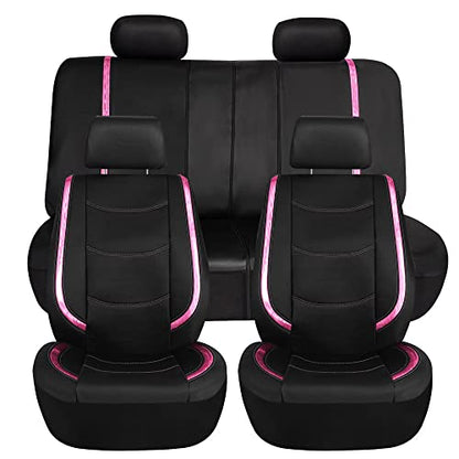 FH Group Galaxy13 Metallic Striped Deluxe Leatherette Car Seat Covers with Matching Carpet Floor Mats – Full Set, Universal Fit, Airbag Compatible for Cars, SUVs & Sedans, Pink - color: Pink