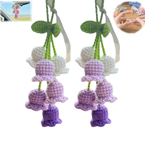 2Pcs Car Decorations Car Hanging Ornaments, Crochet Flowers Bag Charms Decor Cars Rear View Mirror Accessories Hand Knitted Crochet Flower Decor, for Room Backpack keychain Decoration Pendant (Purple) - color: Purple