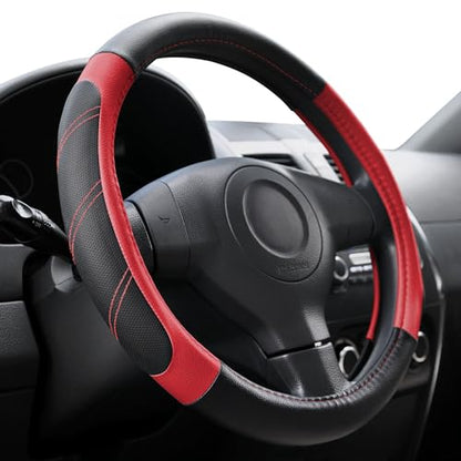 Elantrip Leather Steering Wheel Cover 14 1/2 to 15 inch Universal Padded Soft Grip Breathable for Car Truck SUV Jeep Anti Slip Black and Red - color: Black and Red, size: 14 1/2 - 15 Inch