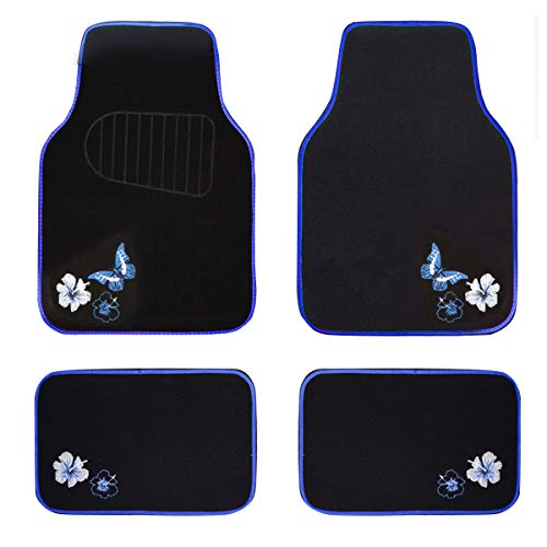 CAR PASS Universal Fit Embroidery Butterfly and Flower Car Floor Mats, Blue Car Floor Mats Fit 95% Automotive,SUVS,Sedan,Vans,for Women,Girly,Set of 4 (Black with Blue) - color: Blue Butterfly and Flower