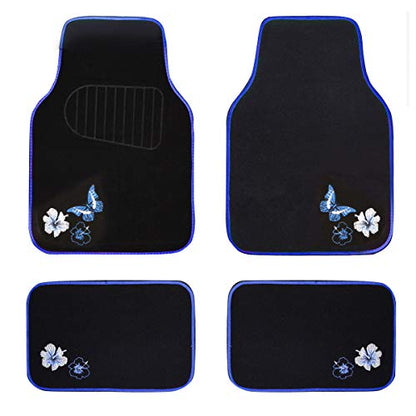 CAR PASS Universal Fit Embroidery Butterfly and Flower Car Floor Mats, Blue Car Floor Mats Fit 95% Automotive,SUVS,Sedan,Vans,for Women,Girly,Set of 4 (Black with Blue) - color: Blue Butterfly and Flower