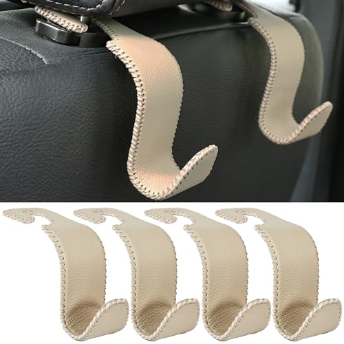 Car Seat Headrest Hook 4 Pack Metal Core Hanger Universal Car Storage Organizer for Handbag Purse Coat S Type Leather Beige - color: Leather Beige