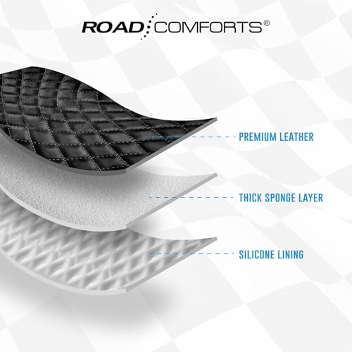 Road Comforts Leather Steering Wheel Cover – Black & Gray, Universal Fit 14.5-15 Inch, Microfiber Leather, Anti-Slip & Breathable Design for Men and Women