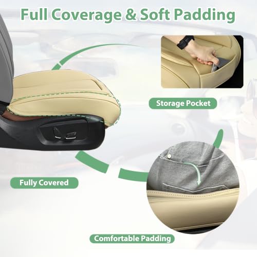 2 Pack Front Car Seat Cover Bottom Only Faux Leather, Anti-Slip Padded Seat Cushion, Full Wrap Seat Protector with Storage Function Fit 95% Cars, SUV, Pick-up Trucks (Beige) - color: Warm-Yellow Beige