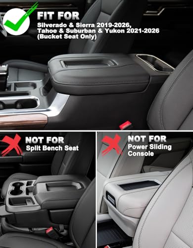 Center Console Armrest Cover for Chevy Silverado 1500 Accessories & GMC Sierra 2019-2026, Yukon & Tahoe & Suburban 2021-2026, Bucket Seat, PU Leather Middle Console Lid Cover Pad, Black-Blue Stitch - color: Black blue