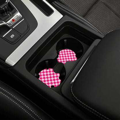 Pink Checkered Steering Wheel Cover Checkered hot Pink Steering Wheel Cover of Wome Anti-Slip Breathable Universal 14-15 Inch Car with 2 Pcs Car Coasters Suitable Men Women - color: Checkered Pink