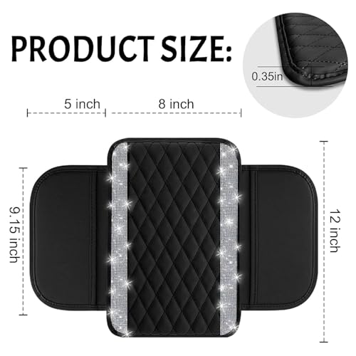 NBTEPEM Bling Car Center Console Cover, Leather Car Arm Rest Cover Cushion with 2 Storage Bags, Universal Auto Armrest Protector Storage Box, Bling Accessories Interior for Most Vehicles (Silver)