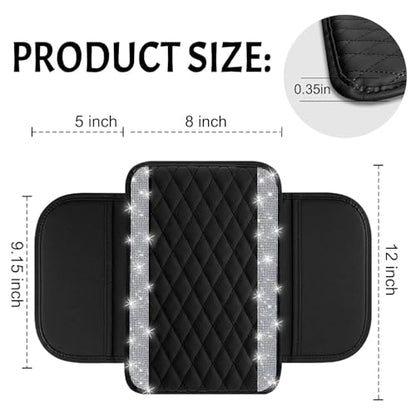 NBTEPEM Bling Car Center Console Cover, Leather Car Arm Rest Cover Cushion with 2 Storage Bags, Universal Auto Armrest Protector Storage Box, Bling Accessories Interior for Most Vehicles (Silver)