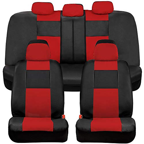 BDK Red Faux Leather Car Seat Covers Full Set with Matching Carpet Car Floor Mats - Universal Front & Back Bench Car Seat Protector & Car Mats Full Set for SUV & Truck Automotive Interior Liner - color: Red