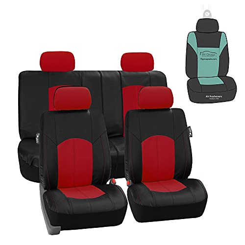 FH Group Automotive Seat Cover Highest Grade Faux Leather Red Black Full Set, Combo Car Seat Cover Design Airbag Compatible Split Bench Tan Car Seat Covers Interior Accessories Universal Fit Truck SUV - color: Red, size: Full Set
