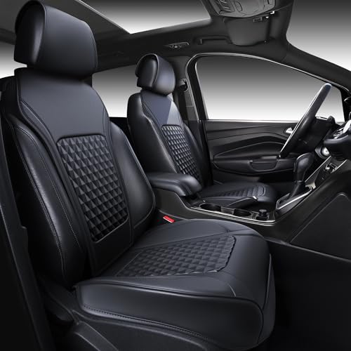 CAR PASS 2Pack Front Car Seat Covers Leather Memory Foam Water Proof Seat Protector Universal Fit for Cars SUVs Trucks Most Vehicles, 3D Foam Rhombus Sideless, Airbag Compatible Non-Slip, 2 Pcs Black
