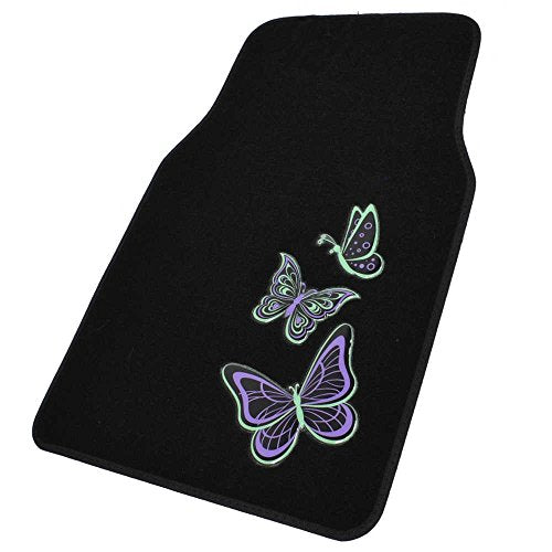 BDK Embossed Neon Purple & Green Butterflies Design Carpet Car Floor Mats for Auto Van Truck SUV-4 Pieces Front & Rear Full Set with Rubber Backing-Universal Fit