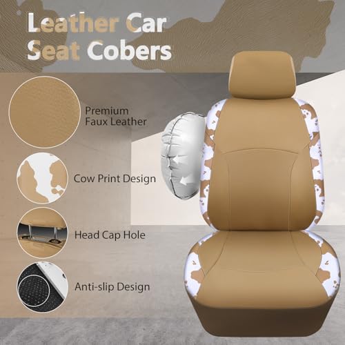 CAR PASS Cow Print Faux Leather Car Seat Covers & Cow Car Mats & Cow Steering Wheel Cover Seat Belt Pads Universal fit for SUV,Van,Saden,Truck Cute Car Accessories Automobile Interior Sets All Beige - color: Cow Print Beige
