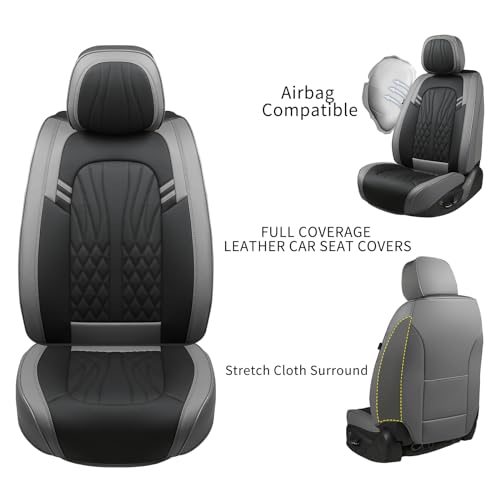 MINGBRON Leather Car Seat Covers,Breathable and Waterproof Faux Leather Automotive Seat Covers for Cars SUV Truck Sedan,Universal Driver Seat Cover Grey&Black - color: Grey&Black, size: 2 Seat Covers (Front Only)