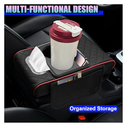 Leather Car Center Console Cover, Universal Automotive Armrest Booster Cushion, Vehicle Middle Console Organizer with 2 Cup Holders, Side Storage Bag, Tissue Box & Phone Slot(BlackRed) - color: BlackRed