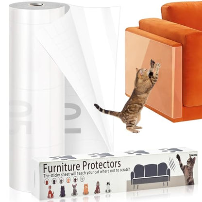 Anti Cat Scratch Furniture Protector, PET Single-Sided Sticky Couch Protector for Cats,100% Transparent Clear Training Self Adhesive Tape for Carpet, Sofa, Couch, Door (160in x12.4in)