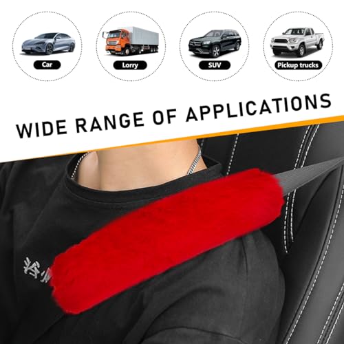 Ohleats 6 PCS Fluffy Steering Wheel Covers Set, 15'' Furry Car Wheel Cover, Soft Gear Shift & Handbrake Cover, Center Console & Seat Belt Shoulder Pads for Women, Car Accessories (Red) - color: Red