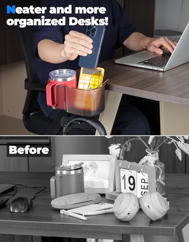 KEMIMOTO Desk Cup Holder with Headphone Hanger, 2 in 1 Caddy Organizer for Office Table, Lawn Chair, Golf Cart, Pontoon Boat, Fit for Most 18-32 oz Bottles - color: Brown