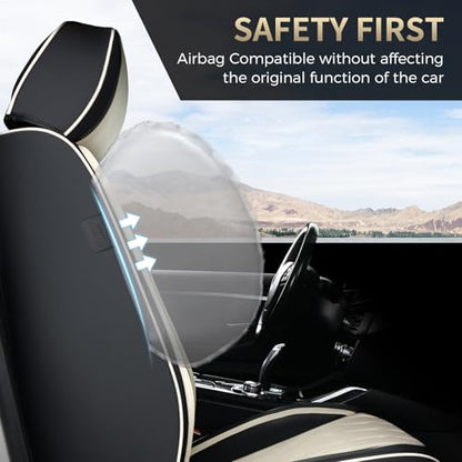 Leather Seat Cover Front Seats Automotive Car Seat Covers Front Seat Cover Waterproof Car Seat Protector with Lumbar Support 2 Pack Universal Fit for Most Cars Sedans Trucks SUV, Black&Beige