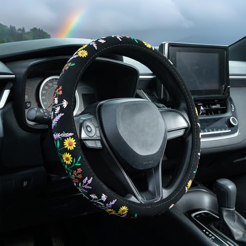 Embroidered Sunflower Lavender Cute Black Steering Wheel Cover, Auto Anti-Slip Breathable Steering Wheel Protector, Butterfly Floral Car Accessories for Women,Universal Size Fit Most Cars -15 inch - color: Sunflower