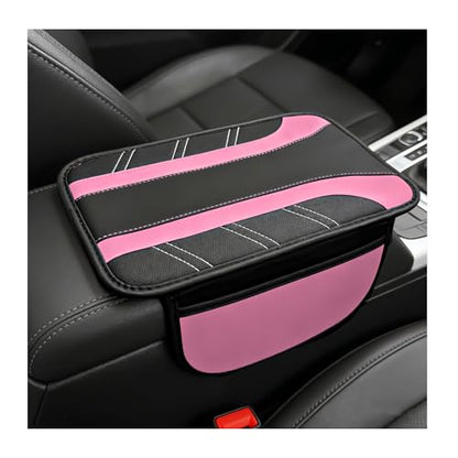 Car Center Console Cover, Leather Auto Arm Rest Protector Cushion with 2 Side Storage Bags, Universal Armrest Cushion Pad Middle Console Cover for SUVs Sedans Trucks (Pink) - color: Pink