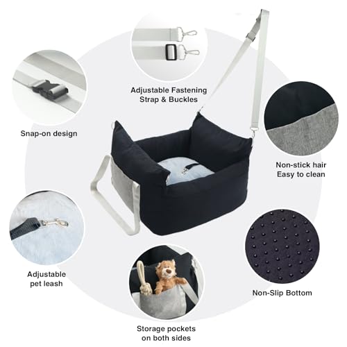 Pet Car Booster Seat for Small Dogs up to 25 lbs with Safety Straps, Storage Pockets, Travel Carrier Bed with Detachable Cover, Machine Washable (Black) - color: Black