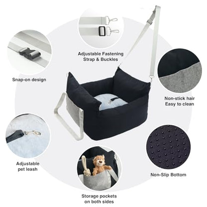 Pet Car Booster Seat for Small Dogs up to 25 lbs with Safety Straps, Storage Pockets, Travel Carrier Bed with Detachable Cover, Machine Washable (Black) - color: Black