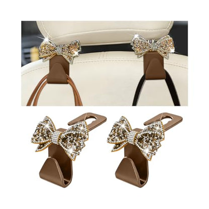 Bling Car Headreat Hook, 2PCS Crystal Rhinestone Cute Bow Vehicle Seat Back Hanger Storage for Purses Bags Grocery, Diamond Auto Rear Seat Organizer, Universal for SUV Truck Sedan (Gold) - style: Gold/2PCS