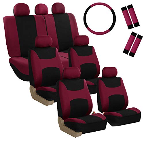 FH Group Light & Breezy Cloth Car Seat Covers, 7 Seater Three Row Set- Airbag & Split Ready -Universal for Cars Trucks and SUVs Burgundy/Black - color: Burgundy