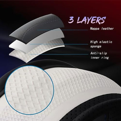 Leather Car Steering Wheel Cover, Breathable Laser-Perforated, Pure Black Double Lines, Rich Texture, 14.5-15 Inch for Nissan