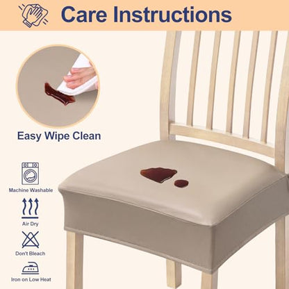 Smiry Waterproof Pu Leather Seat Covers for Dining Room Chairs Set of 4, Stretch Fit Removable Washable Kitchen Chair Seat Slipcovers Protector, No Rear Covers, Taupe