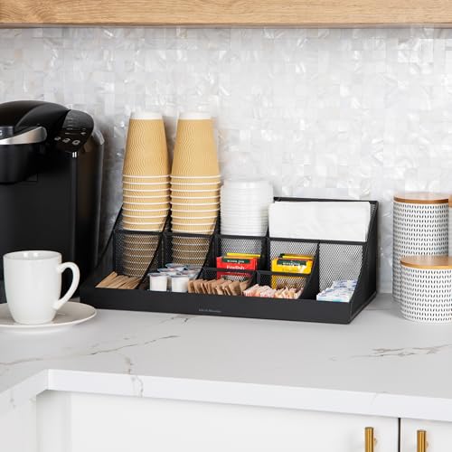 Mind Reader Countertop Organizer, 2 Tier Mesh Storage Caddy with 11 Compartments for Office Supplies, Breakroom Essentials, and Snacks - color: Black Metal