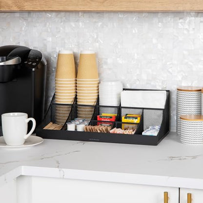 Mind Reader Countertop Organizer, 2 Tier Mesh Storage Caddy with 11 Compartments for Office Supplies, Breakroom Essentials, and Snacks - color: Black Metal