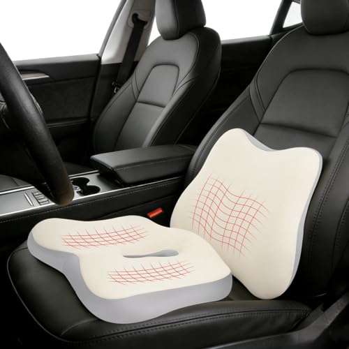 Car Seat Cushion & Lumbar Support Set, Memory Foam Seat Cushion for Long Sitting & Driving, Ideal for Truck Bus Van Drivers, Office Chair Cushion Set (Gray) (White) - color: White
