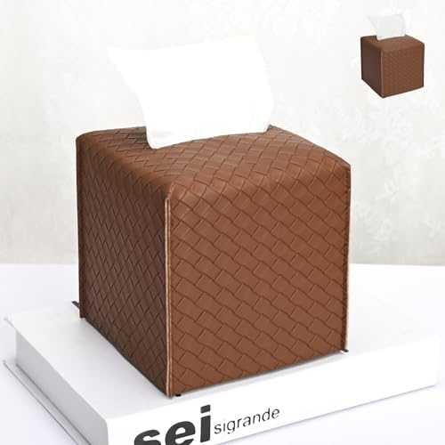HOMOTEK 2 Pack Tissue Box Cover, Square PU Leather Tissue Holder, Decorative Facial Tissue Cube Paper Organizer Dispenser for Bathroom, Night Stands, Desk, Car 5X5X5'' - Woven Waffle,Chocolate - color: Chocolate, size: Woven Waffle